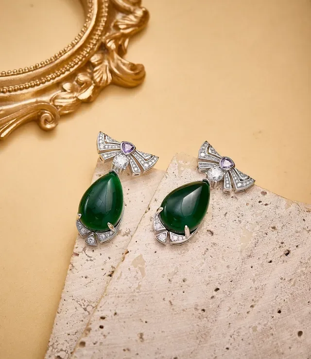 Green Purple Teardrop Cabochon Pavé-Set Diamonds Earrings 4