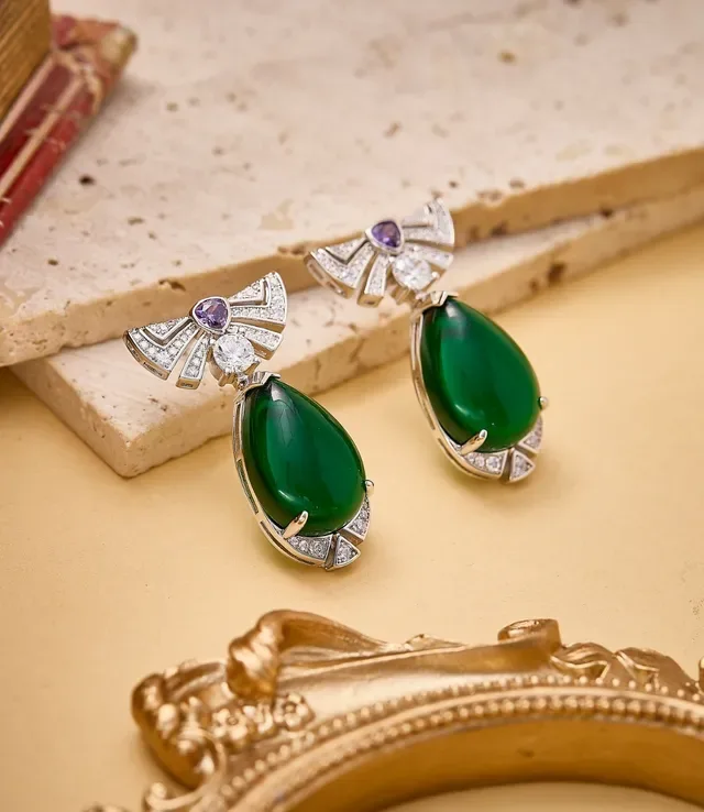 Green Purple Teardrop Cabochon Pavé-Set Diamonds Earrings 5