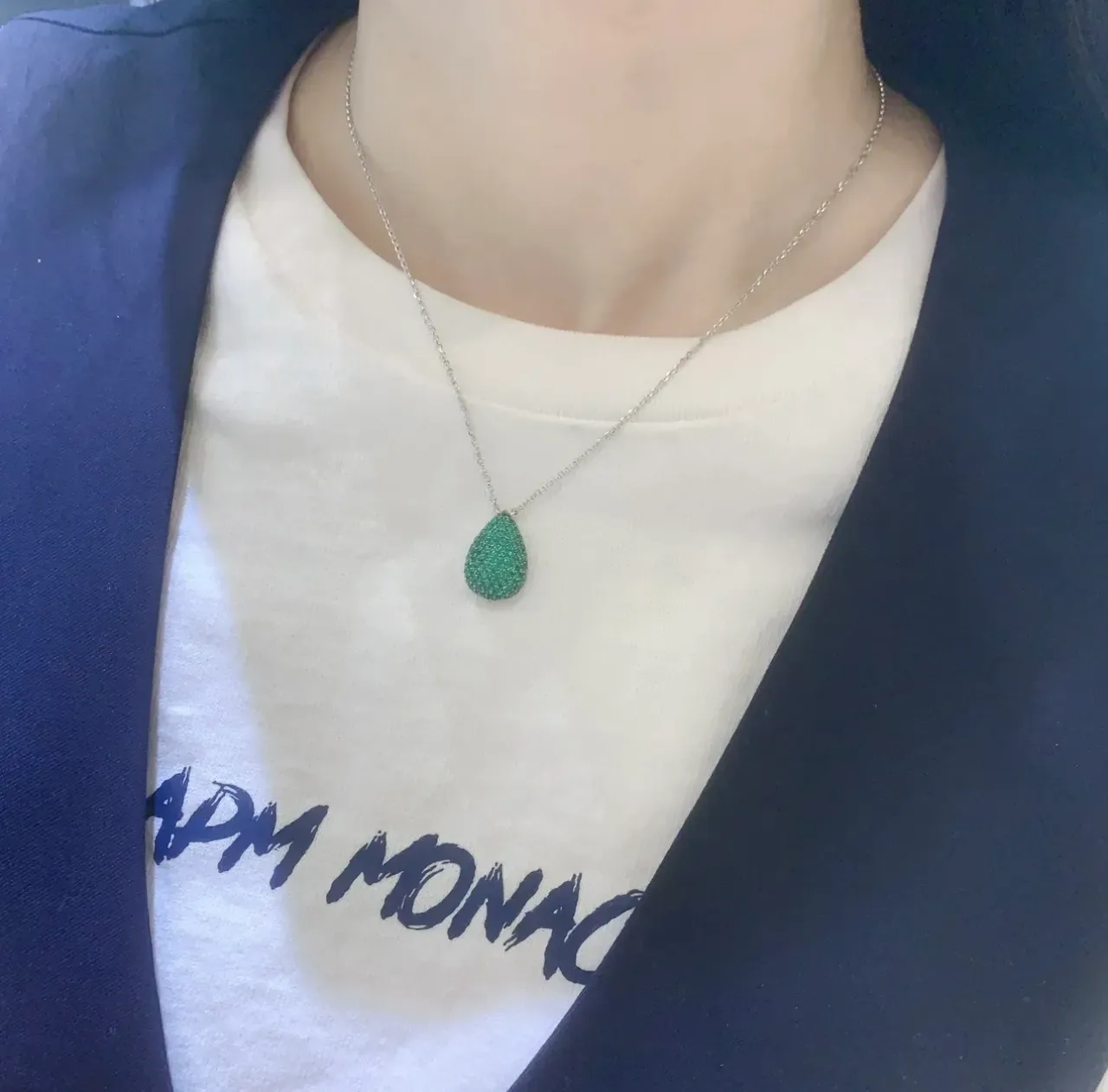 Green Silver Pavé-Set Teardrop Pendant Fine Link Chain Necklace 2