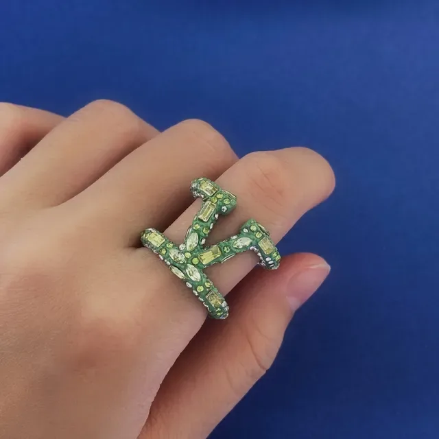 Green Yellow Sculptural Gem-Encrusted Ring 2