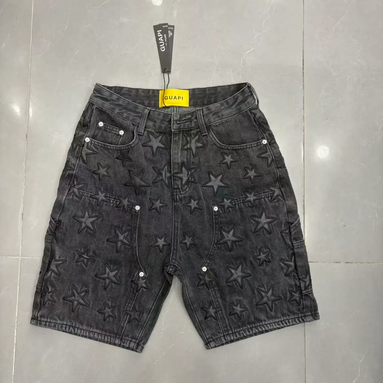 GUAPI Star Embroidered Washed Black Denim Shorts 2