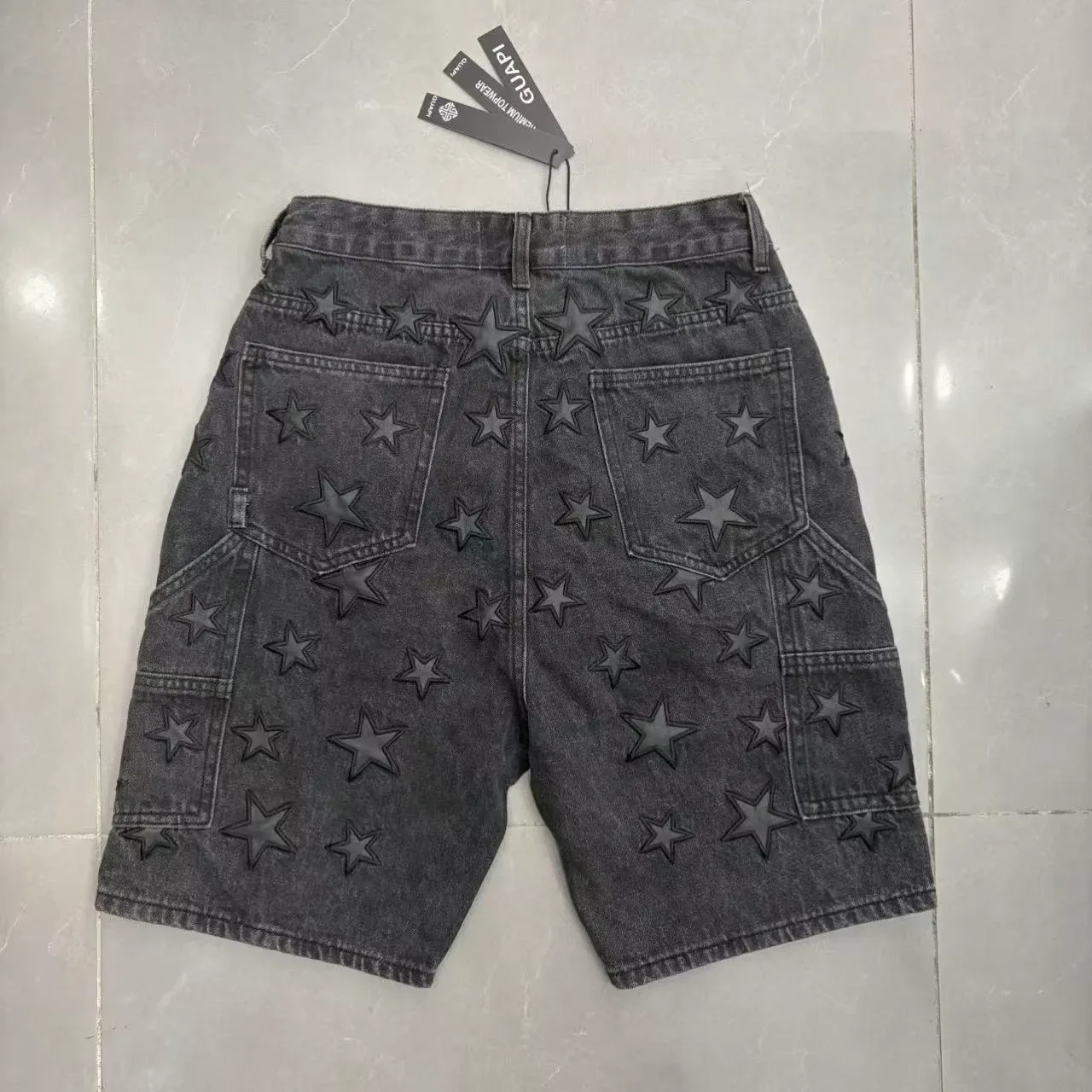 GUAPI Star Embroidered Washed Black Denim Shorts 3