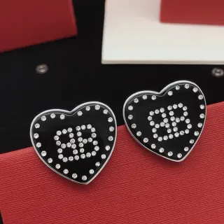 Heart-Shaped Crystal-Embellished Black Enamel Stud Earrings