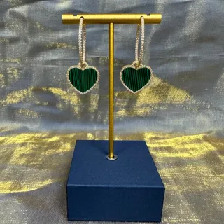 Heart-Shaped Malachite Inlay Pavé Drop Earrings