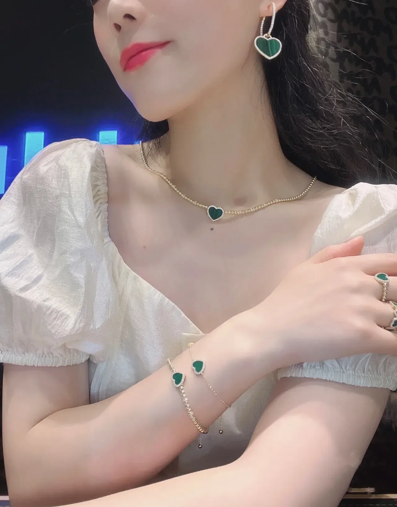 Heart-Shaped Malachite Inlay Pavé Drop Earrings 2