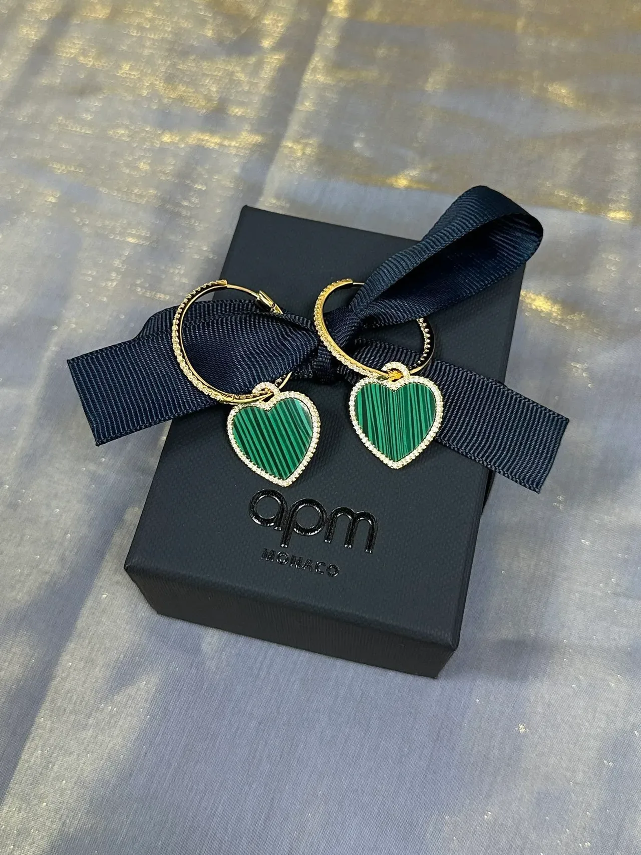 Heart-Shaped Malachite Inlay Pavé Drop Earrings 4