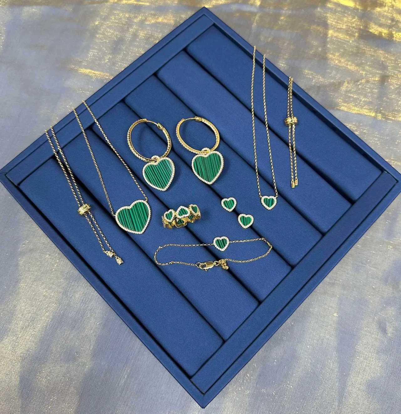 Heart-Shaped Malachite Inlay Pavé Drop Earrings 5