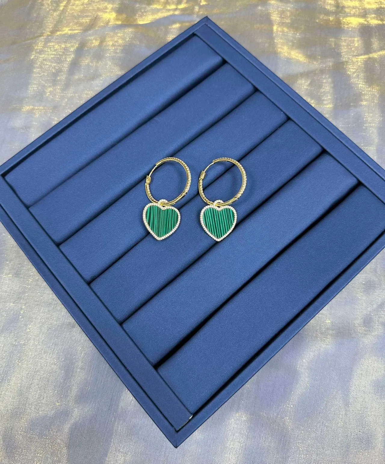 Heart-Shaped Malachite Inlay Pavé Drop Earrings 7