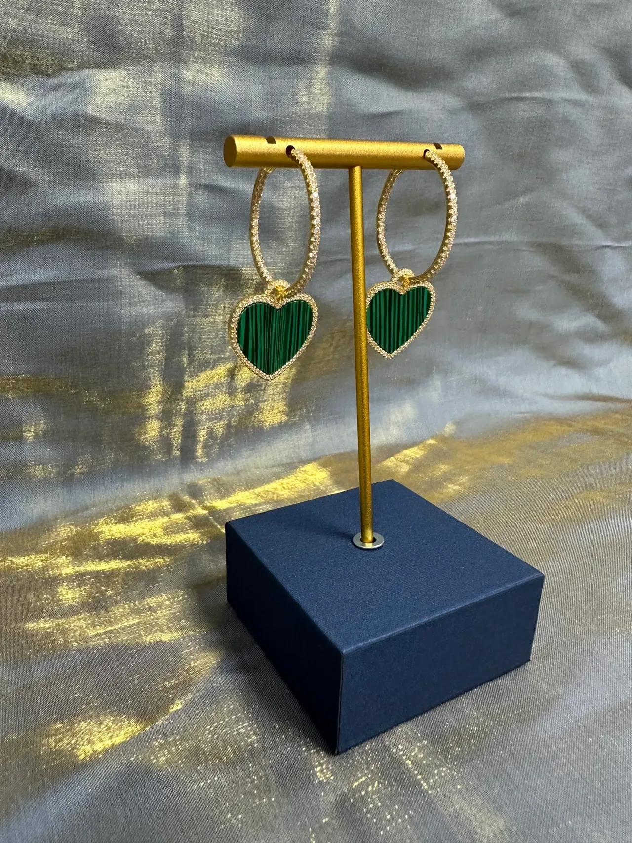 Heart-Shaped Malachite Inlay Pavé Drop Earrings 8