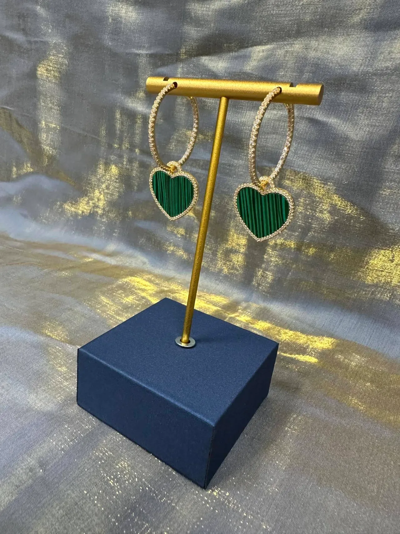 Heart-Shaped Malachite Inlay Pavé Drop Earrings 9