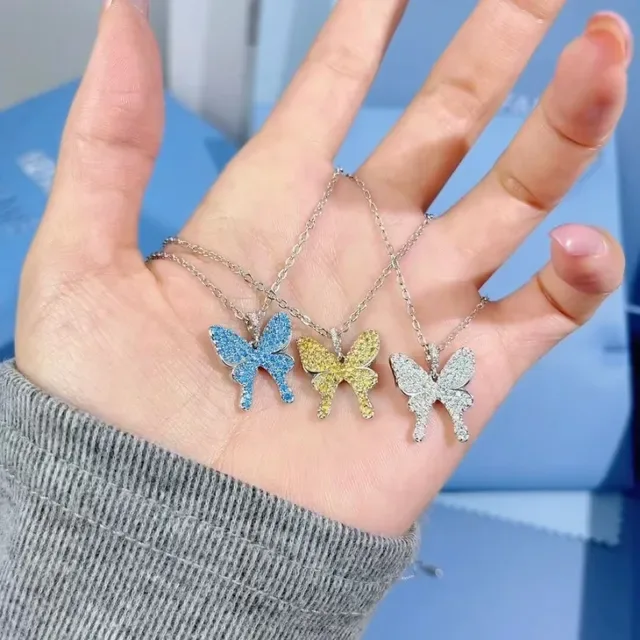 HEFANG Blue Crystal Butterfly Pendant Necklace 2