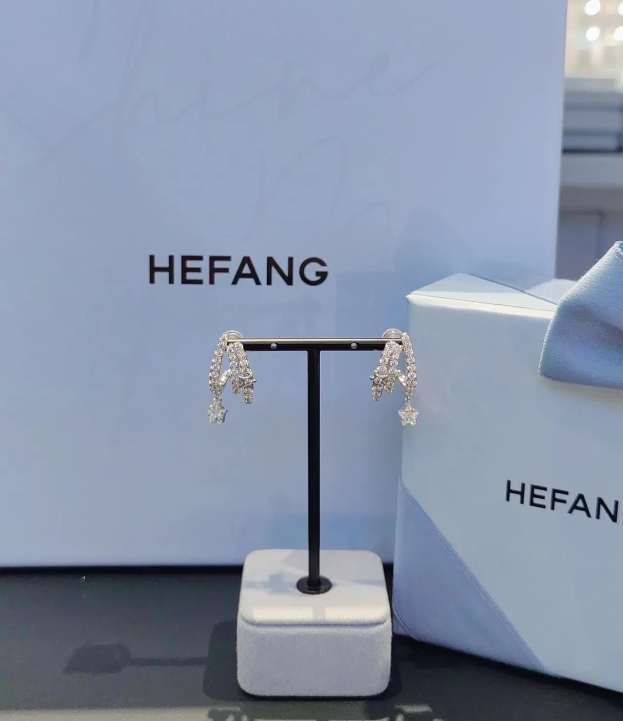 HEFANG Crystal-Encrusted Asymmetrical Double-Hook Earrings 2