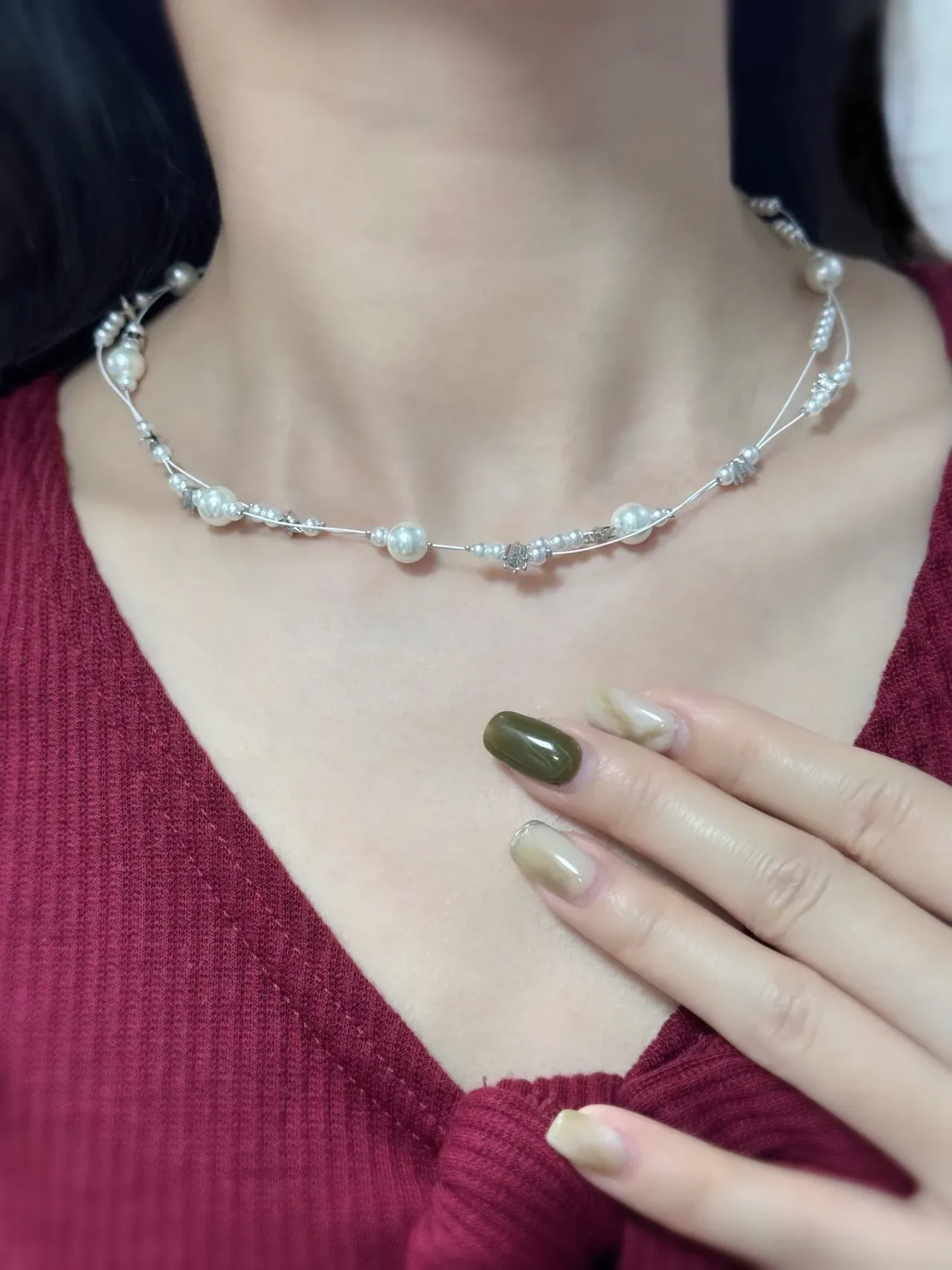 HEFANG Multi-Strand Pearl and Crystal Necklace 2