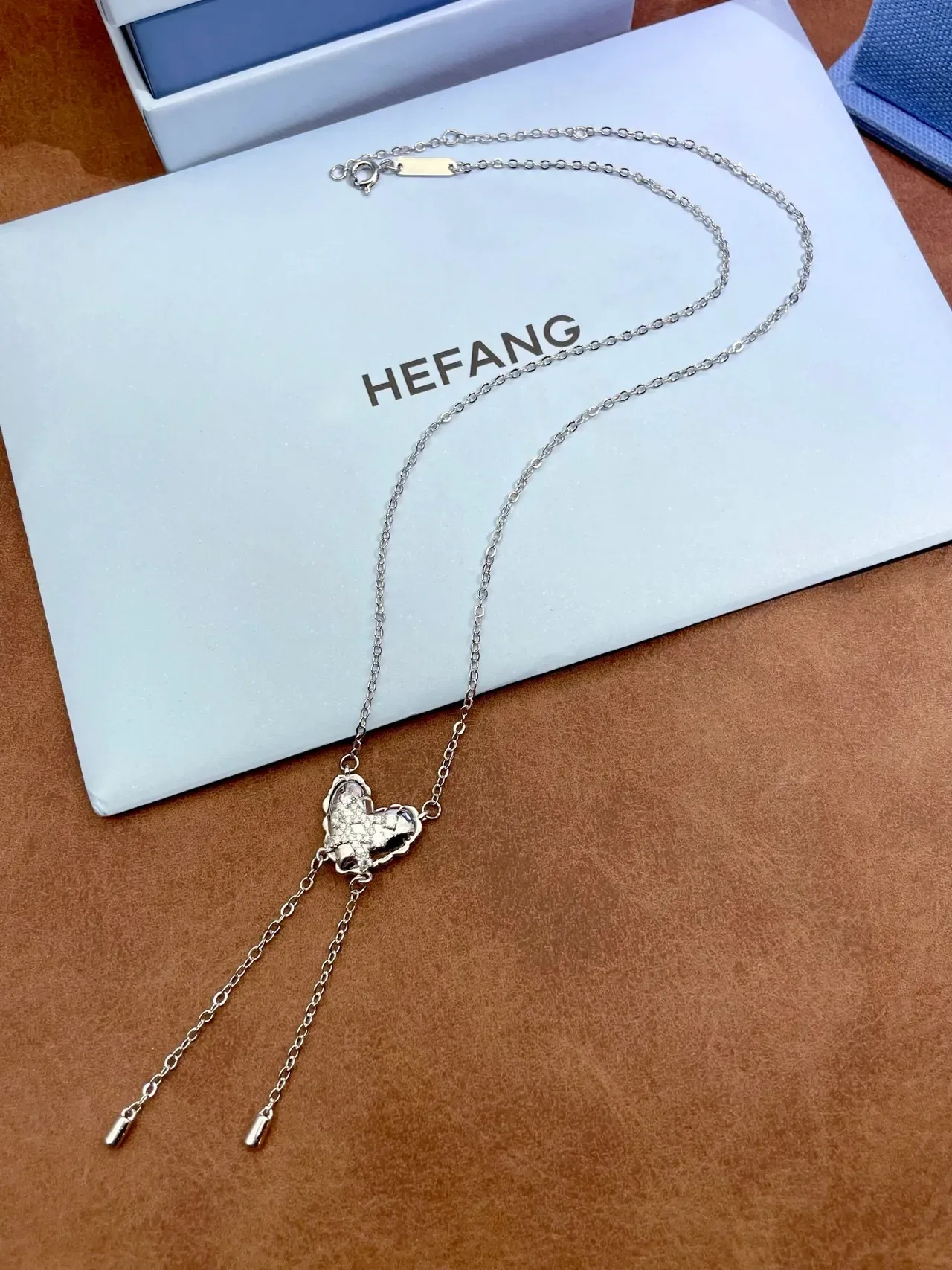 HEFANG Silver Blue Heart-Shaped Pendant Pavé-Set Stones Necklace 5