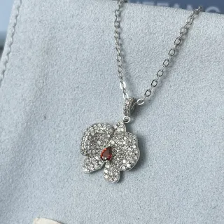HEFANG 银色 红色 镶嵌 花卉吊坠 泪滴中心宝石 项链