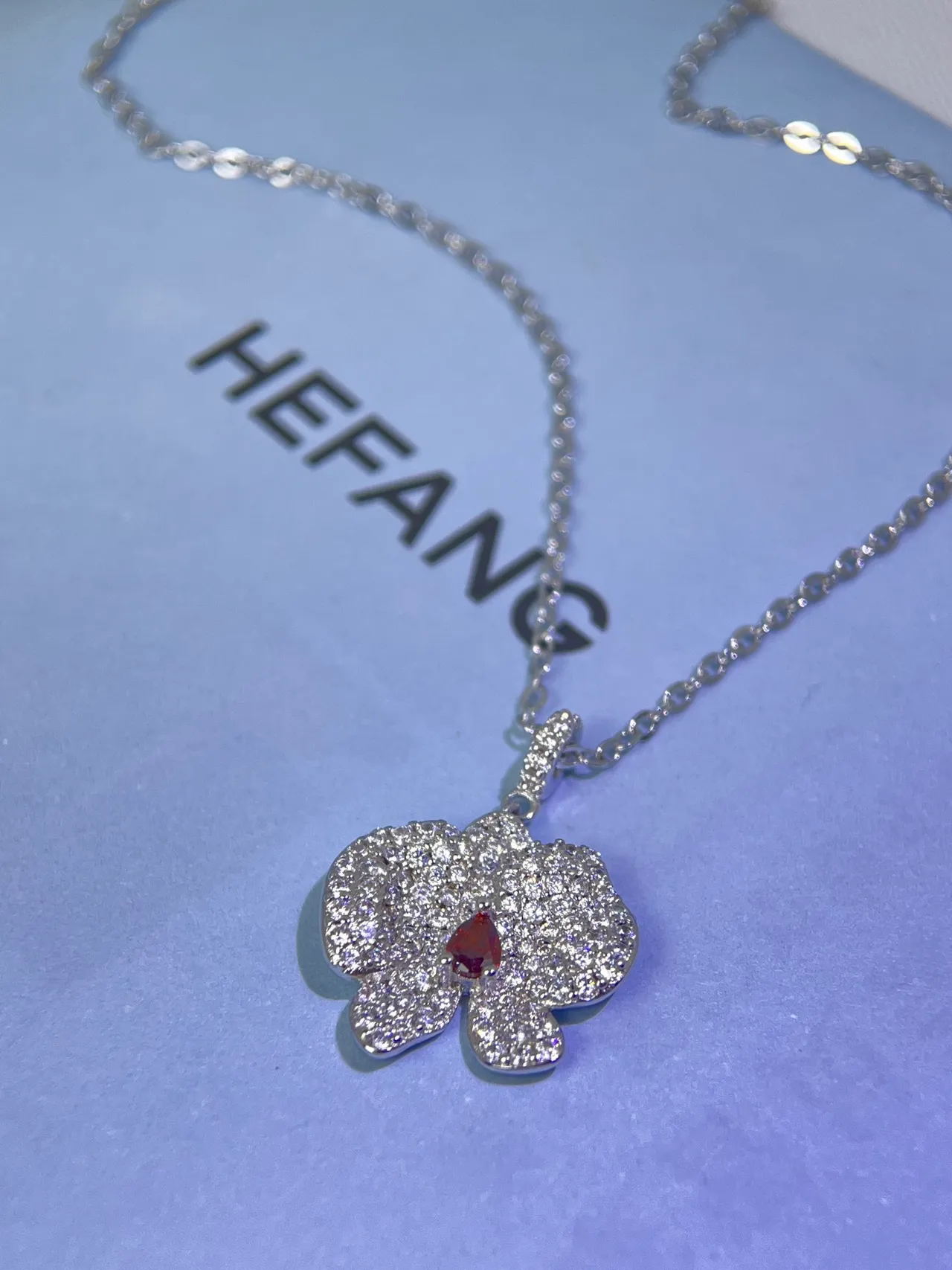 HEFANG 银色 红色 镶嵌 花卉吊坠 泪滴中心宝石 项链 8