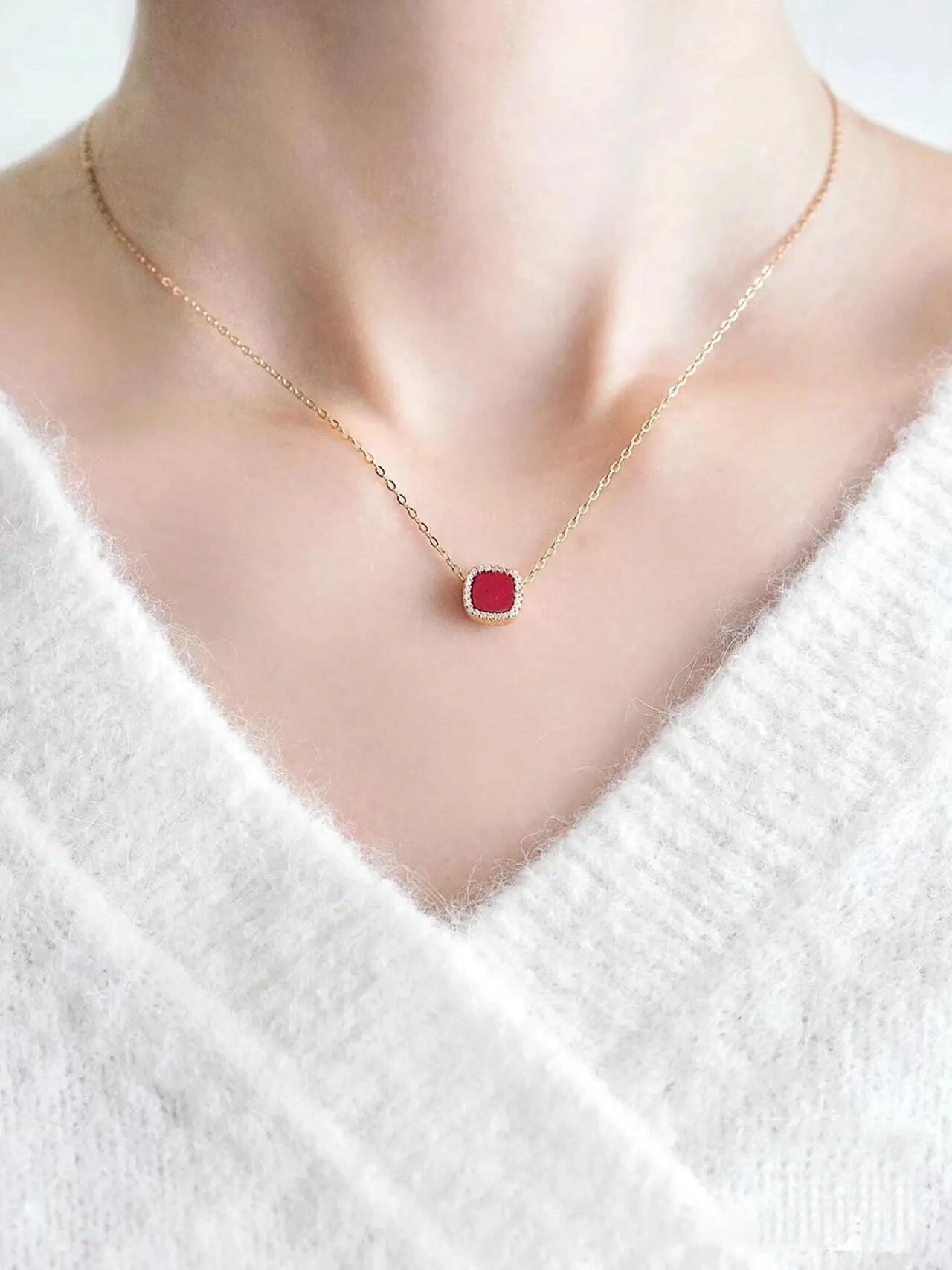 HEFANG Square Red Cabochon Pave Halo Necklace 3