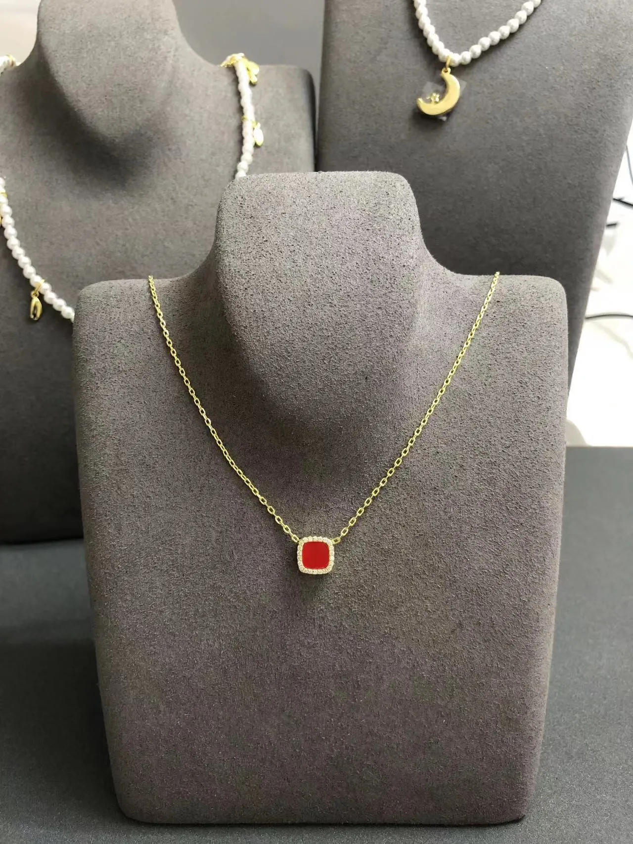HEFANG Square Red Cabochon Pave Halo Necklace 7