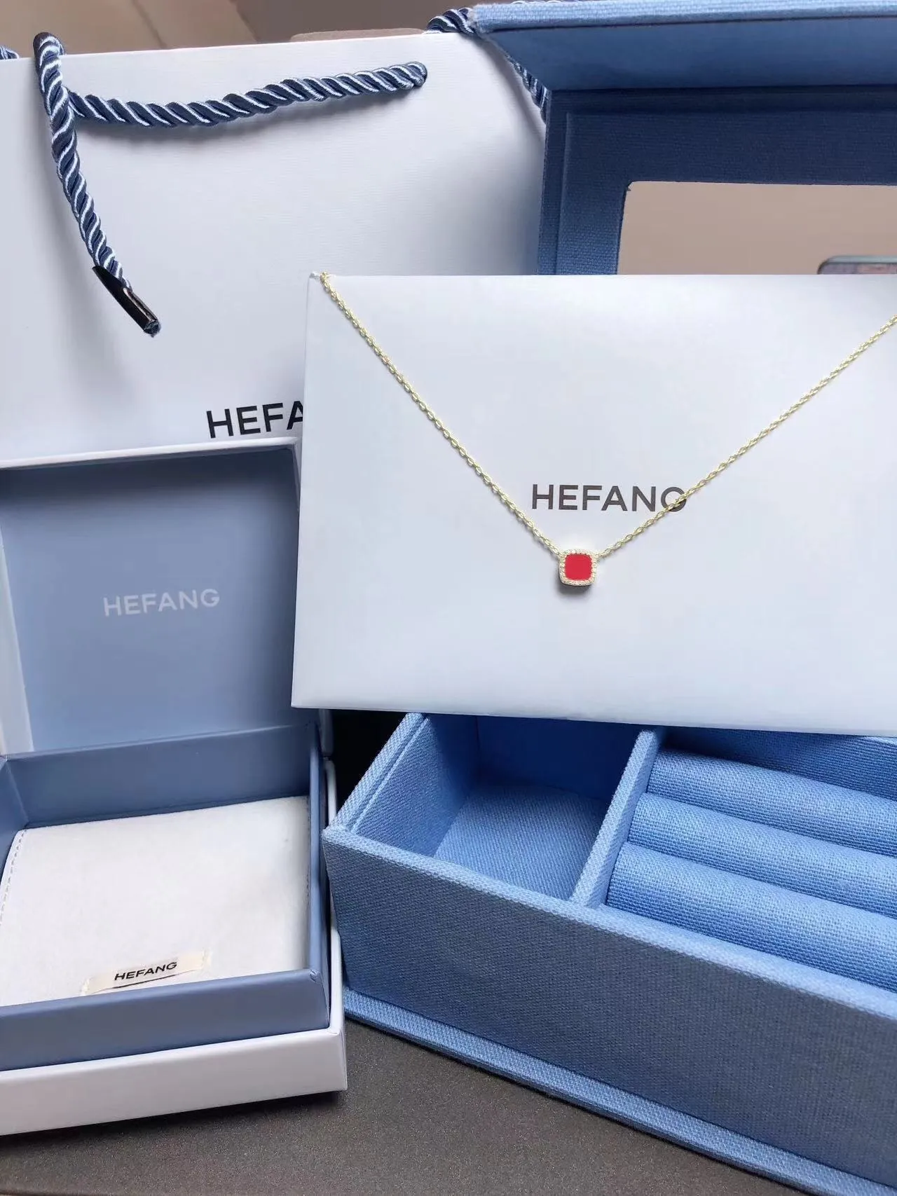 HEFANG Square Red Cabochon Pave Halo Necklace 8