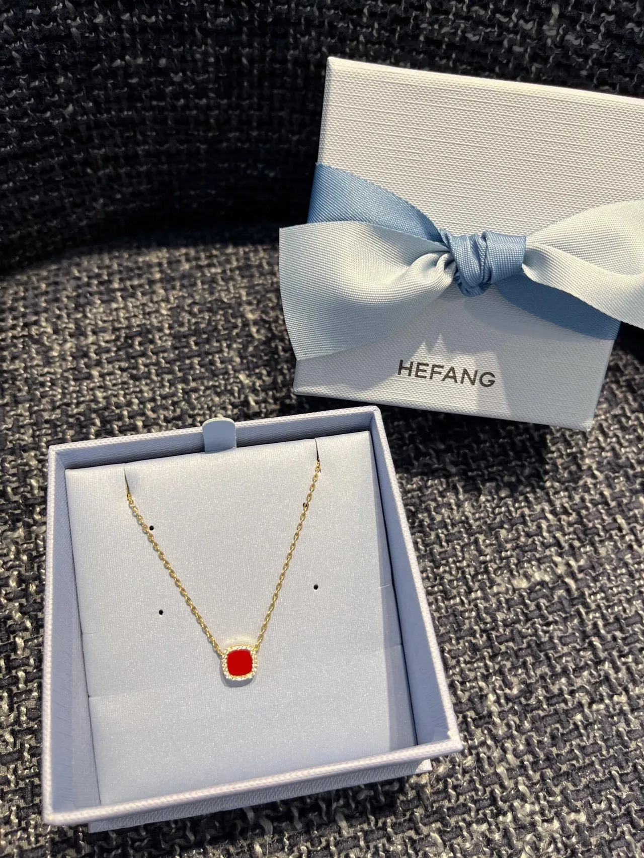 HEFANG Square Red Cabochon Pave Halo Necklace 9