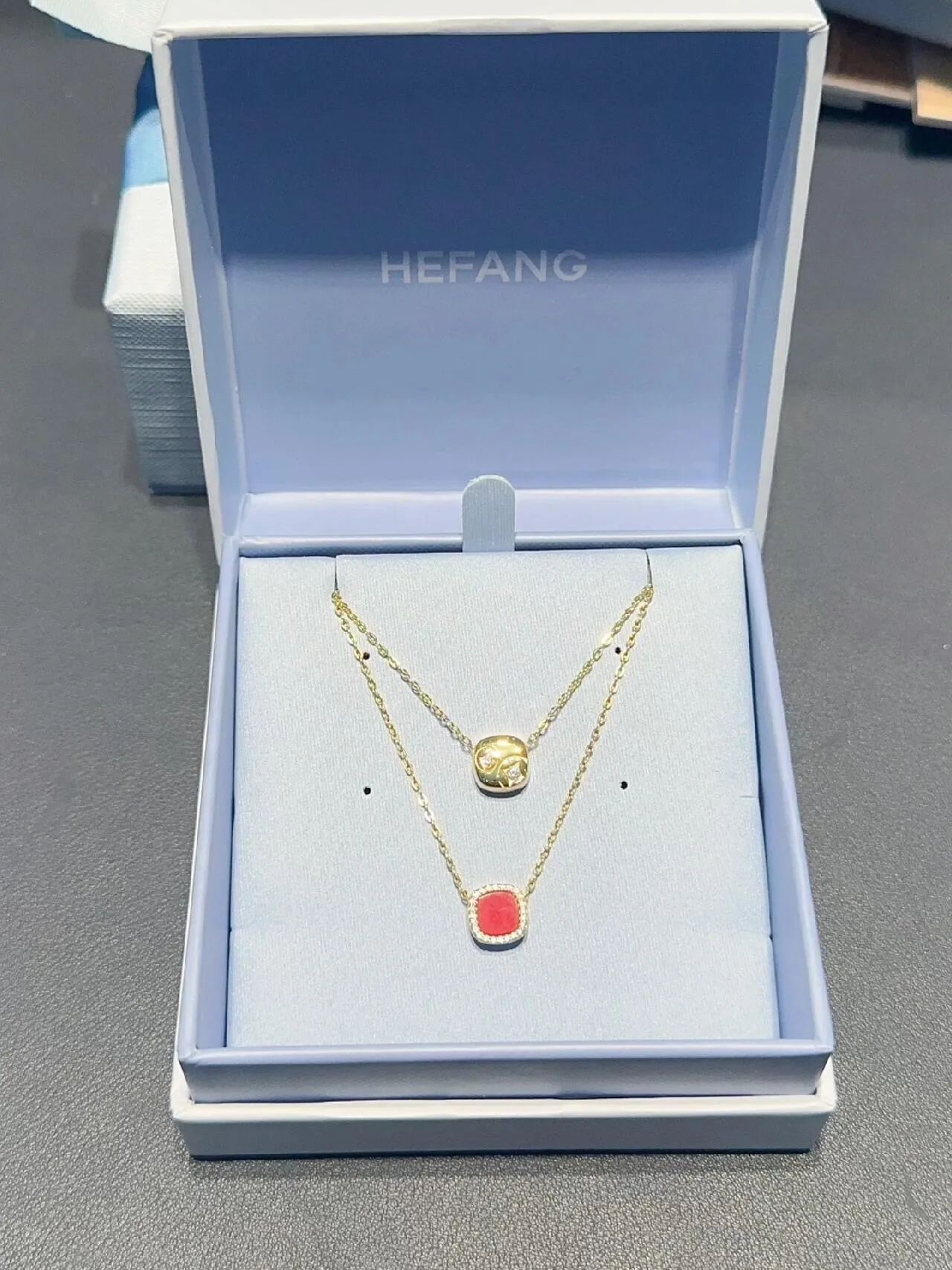 HEFANG Square Red Cabochon Pave Halo Necklace 5