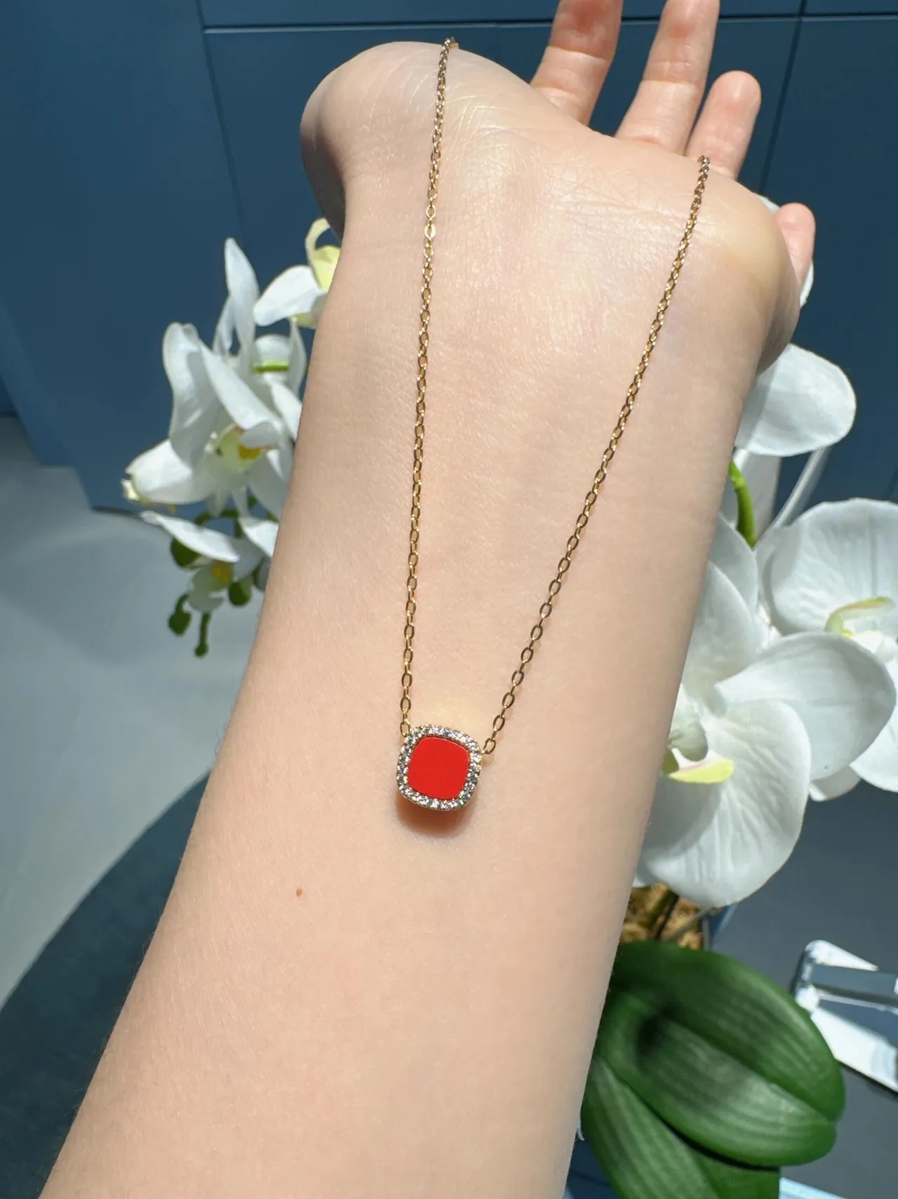 HEFANG Square Red Cabochon Pave Halo Necklace 6