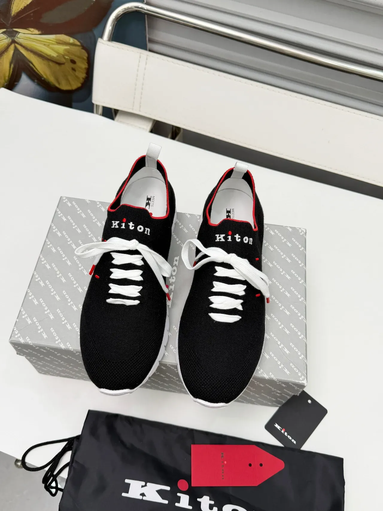 Kiton Noir Rouge Partie Supérieure Tricotée Col Ajusté à Chaussette Sneakers Lifestyle 5
