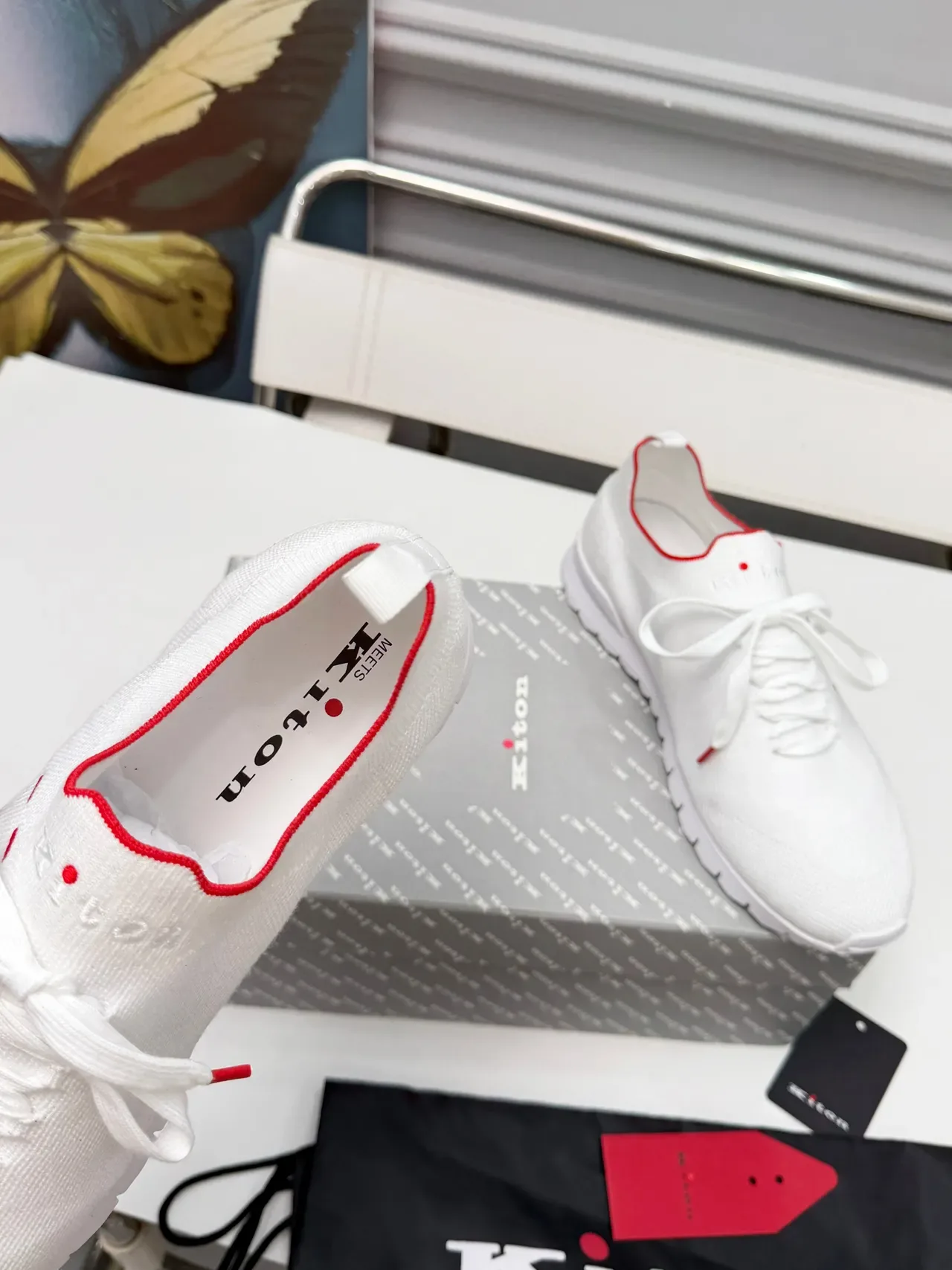 Kiton White Red Knit Upper Contrast Stitching Lifestyle Sneakers 3