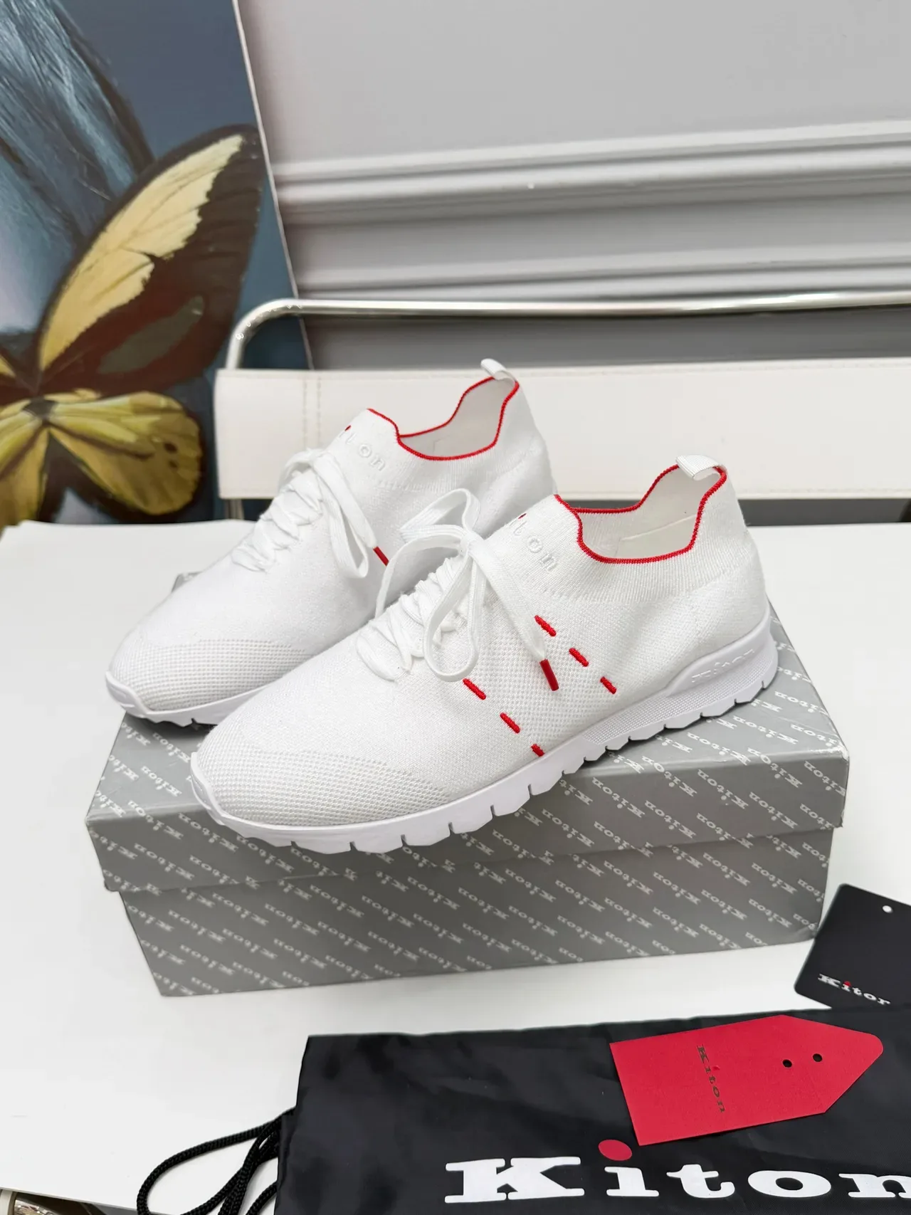 Kiton White Red Knit Upper Contrast Stitching Lifestyle Sneakers 4