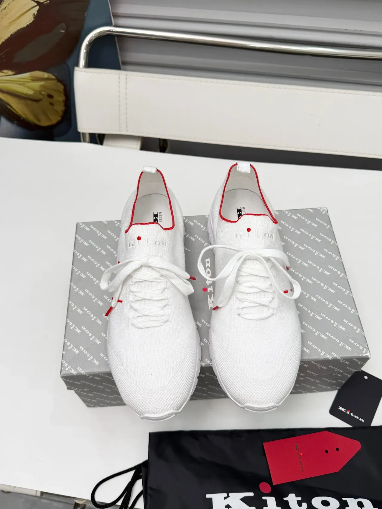 Kiton White Red Knit Upper Contrast Stitching Lifestyle Sneakers 5