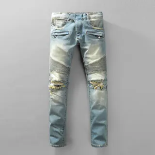 Light-Wash Distressed Moto-Panelled Zip-Pocket Jeans
