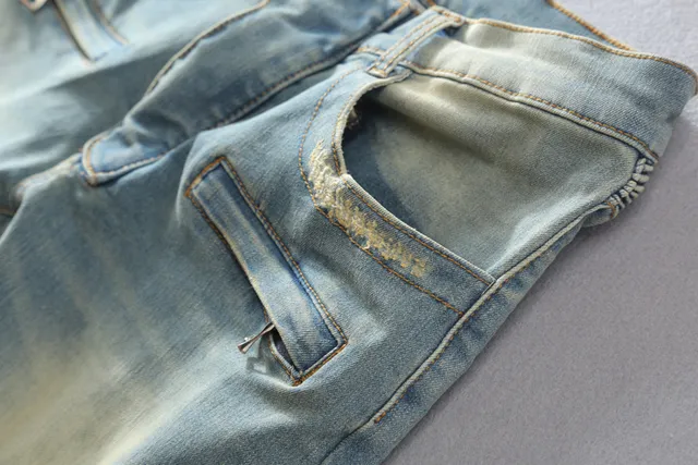 Light-Wash Distressed Moto-Panelled Zip-Pocket Jeans 14