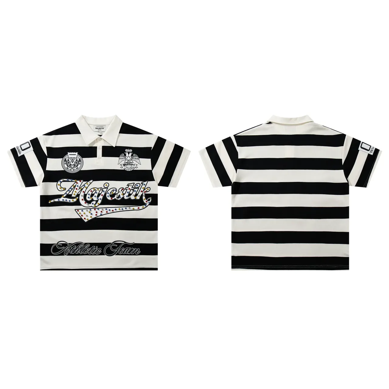 Majestik Athletic Team Striped Rhinestone Polo Shirt 2