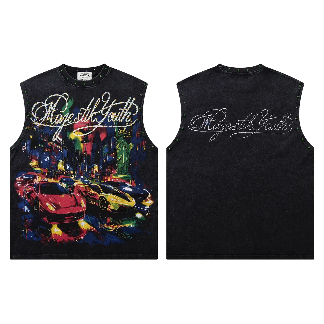 MAJESTIK Graphic-Print Studded Acid-Wash Black Denim Vest Top 2