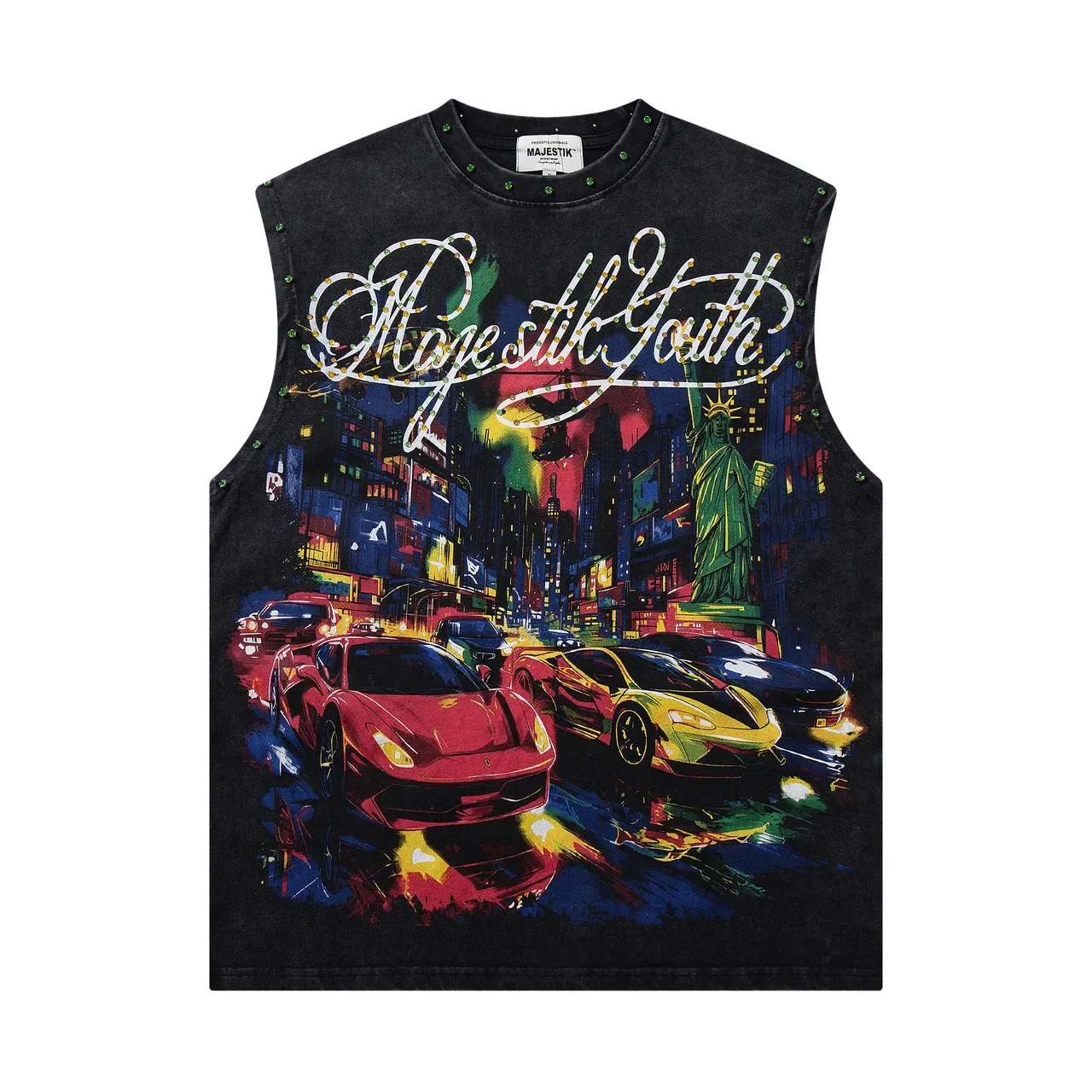 MAJESTIK Graphic-Print Studded Acid-Wash Black Denim Vest Top 3