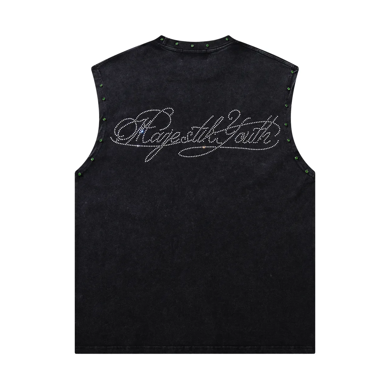 MAJESTIK Graphic-Print Studded Acid-Wash Black Denim Vest Top 4