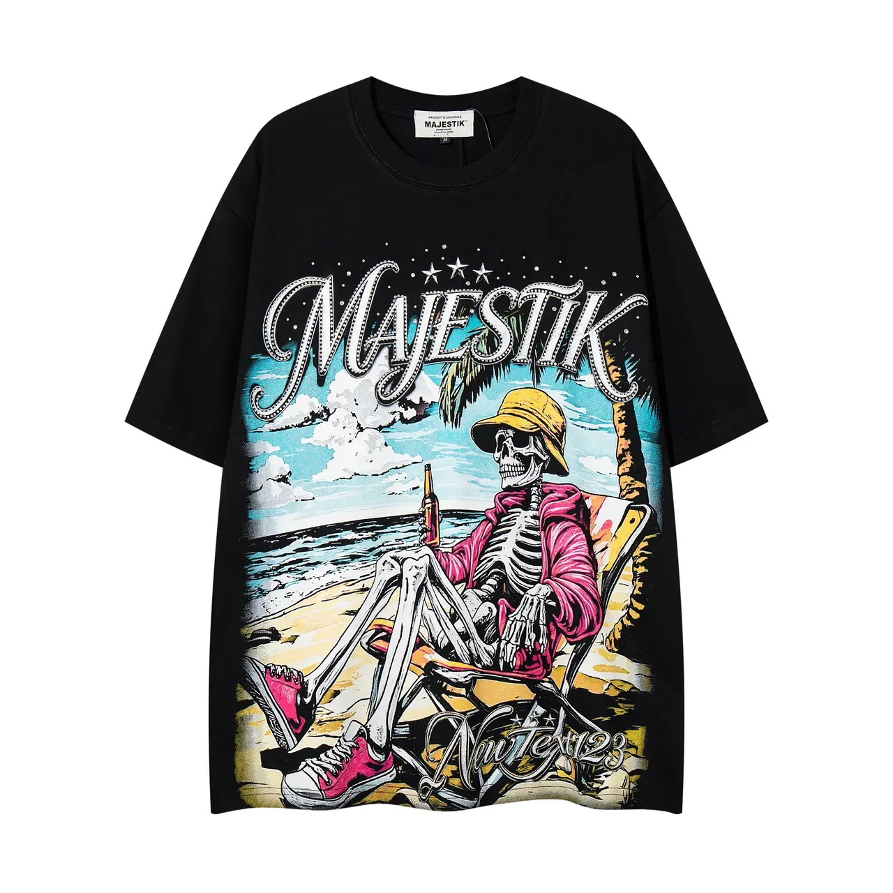 MAJESTIK Graphic Skeleton Beach Print Oversized Black T-Shirt 3