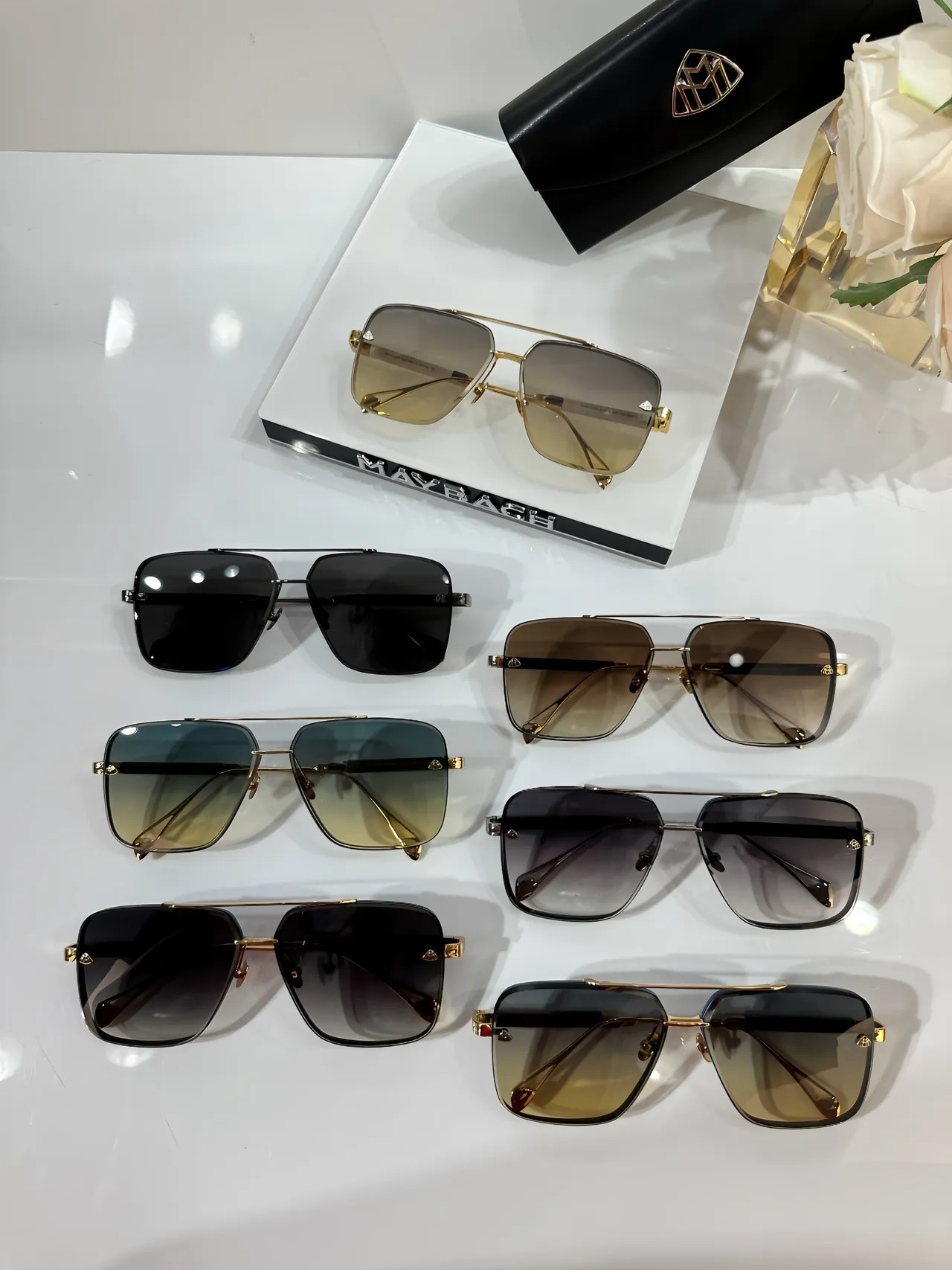 MAYBACH Black Silver Rectangular Aviator Double Bridge Sunglasses 3