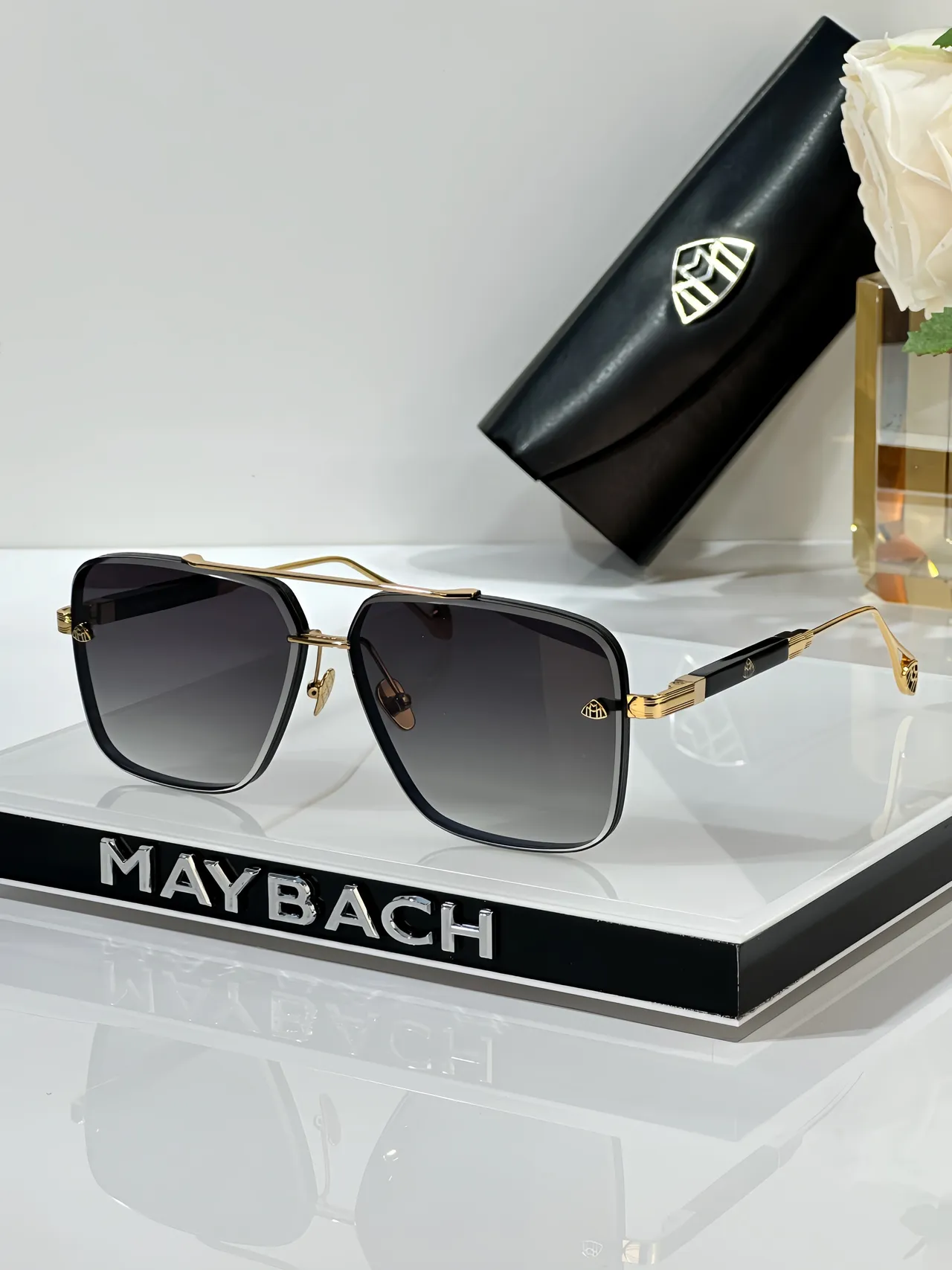 MAYBACH Black Silver Rectangular Aviator Double Bridge Sunglasses 4