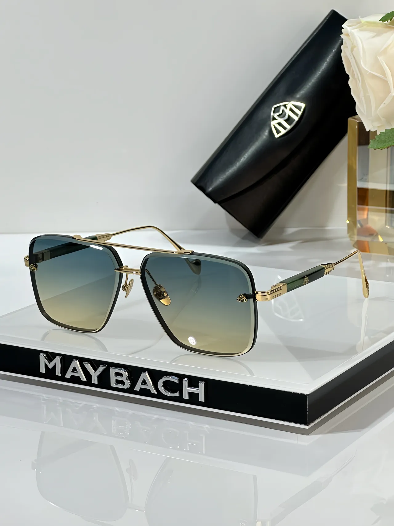 MAYBACH Black Silver Rectangular Aviator Double Bridge Sunglasses 5