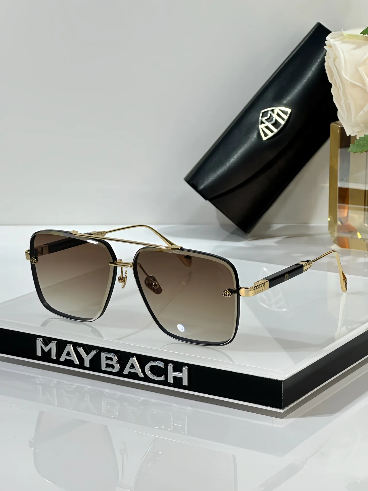 MAYBACH Black Silver Rectangular Aviator Double Bridge Sunglasses 6