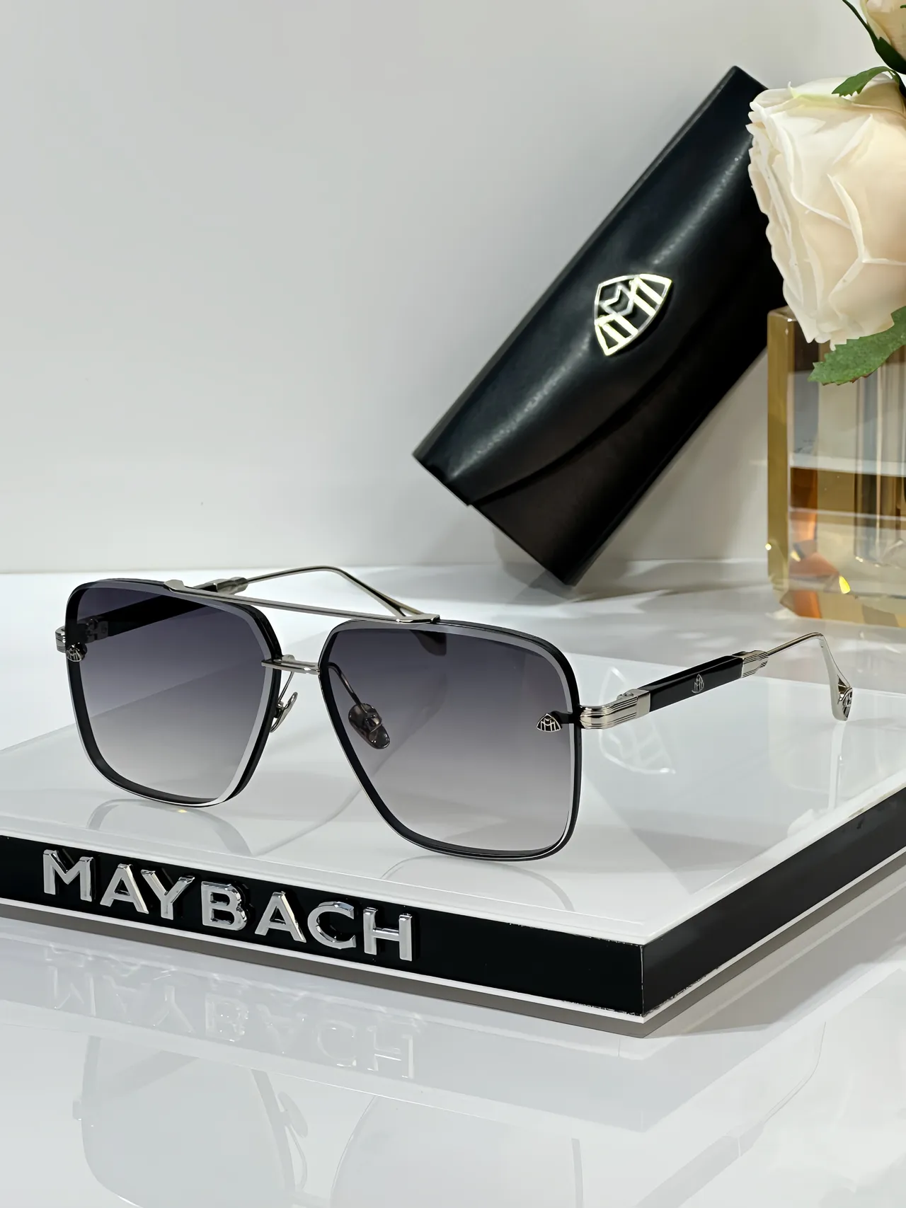 MAYBACH Black Silver Rectangular Aviator Double Bridge Sunglasses 7