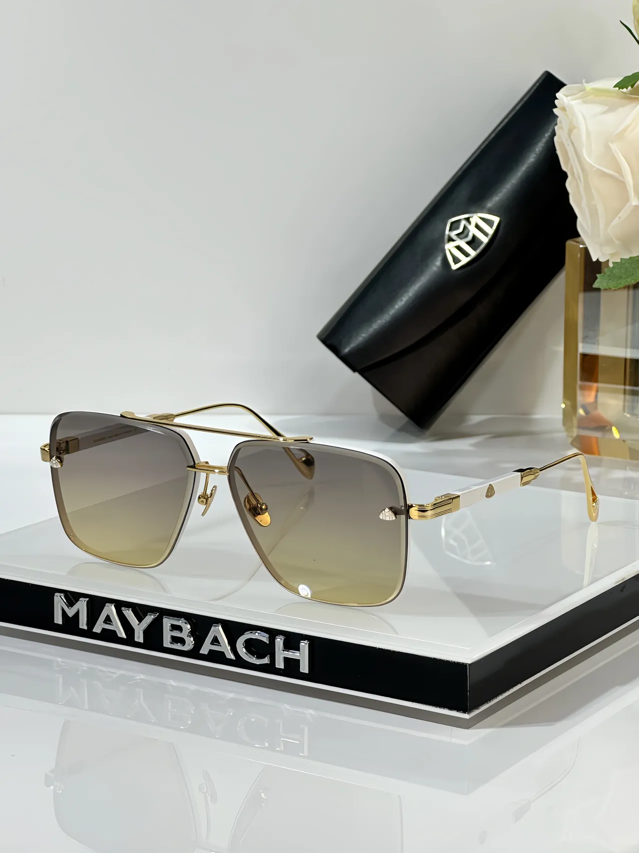 MAYBACH Black Silver Rectangular Aviator Double Bridge Sunglasses 9