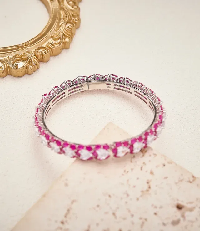 Multi-Row Pink and Clear Gemstone Bangle Bracelet 2