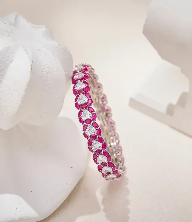 Multi-Row Pink and Clear Gemstone Bangle Bracelet 3