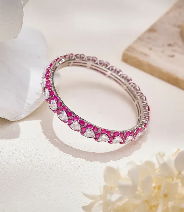 Multi-Row Pink and Clear Gemstone Bangle Bracelet 4