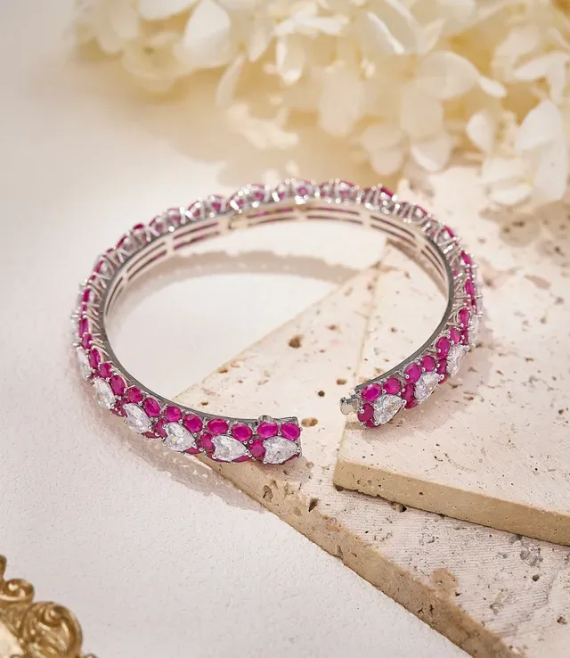 Multi-Row Pink and Clear Gemstone Bangle Bracelet 6