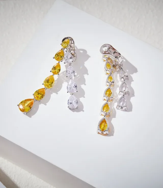 Multi-Stone Pear-Cut Cascading Yellow and Clear Earrings 4