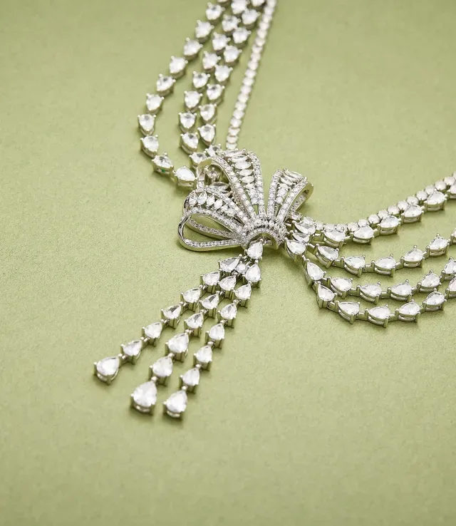 Multi-Strand Bow Motif Pavé Tassel Necklace 2