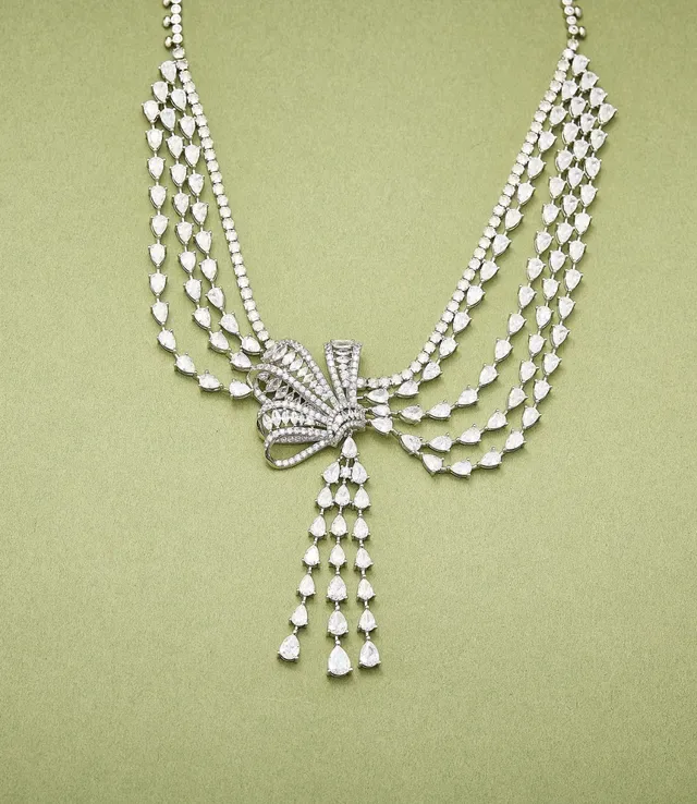 Multi-Strand Bow Motif Pavé Tassel Necklace 3
